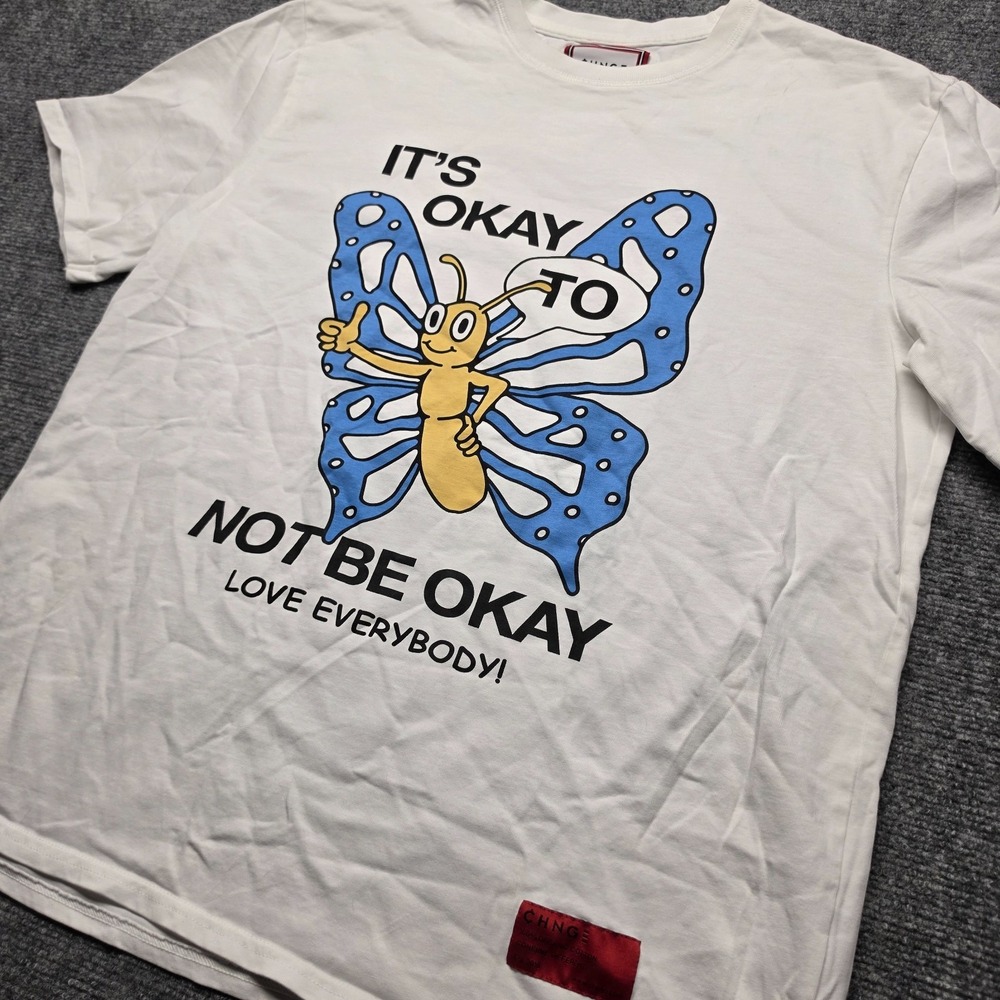 CHNGE Its Okay To Not Be Okay Shirt Mens Medium M White Butterfly Organic Cotton